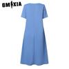 GMXIA Women's Fashion Summer Spring Solid Color Print Short Sleeve O-Neck High Waist Casual Dresses