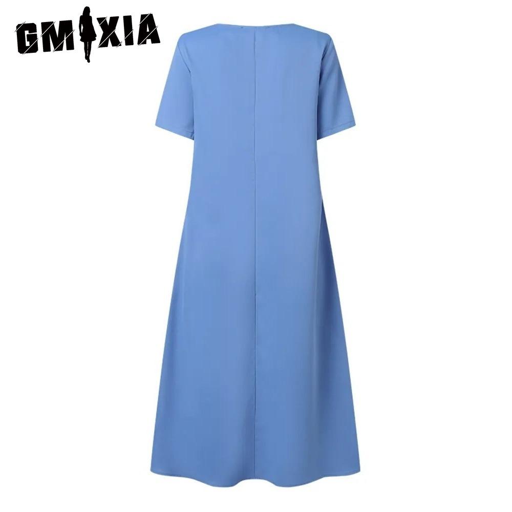 GMXIA Women's Fashion Summer Spring Solid Color Print Short Sleeve O-Neck High Waist Casual Dresses