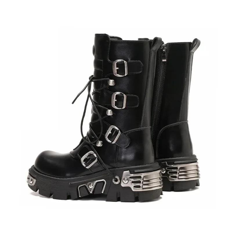 Модные Ретро Мотоботы с Металлической Декорацией в Виде Перекрестных Ремней Европейско-Американский Повседневный Унисекс Панк Рабочая Одежда Рок Толстая Подошва Короткие Ботинки