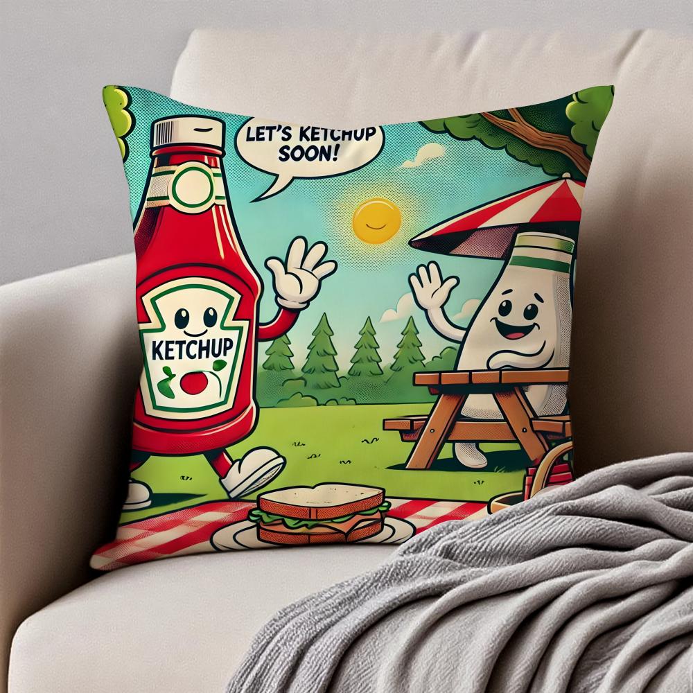 Funny KKetchupS Label Cushion Cover Pillowcase Antidustmite Invisible Zipper Short Plush Sofa Cushion