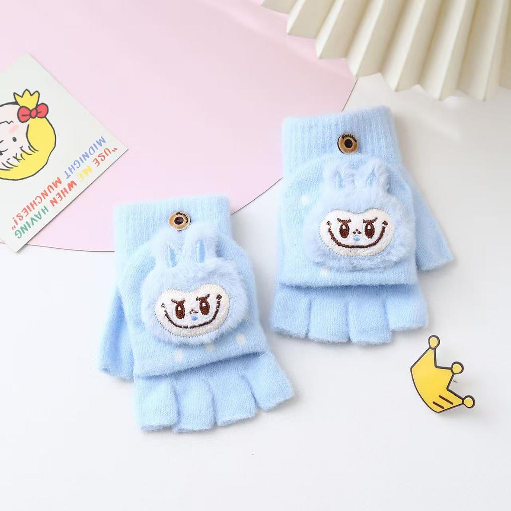Children's Princess-style Flip Cartoon Gloves, Winter Plush Five-fingered Warm Gloves