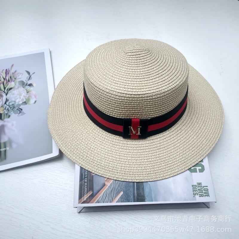Hat multi-color striped M letter flat top top hat summer fashion travel shade sun protection big brim straw hat women