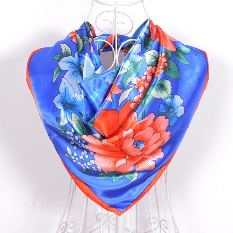 [BYSIFA] Ladies Orange Satin Scarves Head Scarf Hijab 90*90cm Spring Autumn Chinese Peony Pattern Large Square Silk Scarf Shawl
