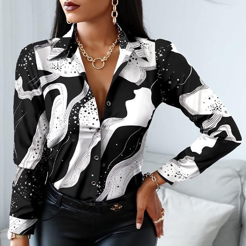 2024 Women Fashion Elegant Scarf Chain Print Button Design Shirt Long Sleeve Patchwork Spring