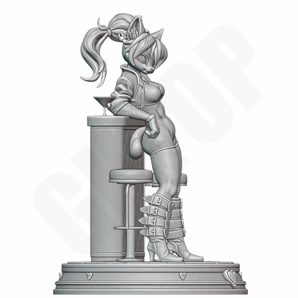 1/24 Фигурка Девушка-Волк в Меху в Баре 3D Печать Серая Смола Ваифу Статуэтка Игрушка Миниатюрная Модель Коллекция DIY Неокрашенная Цельная Модель