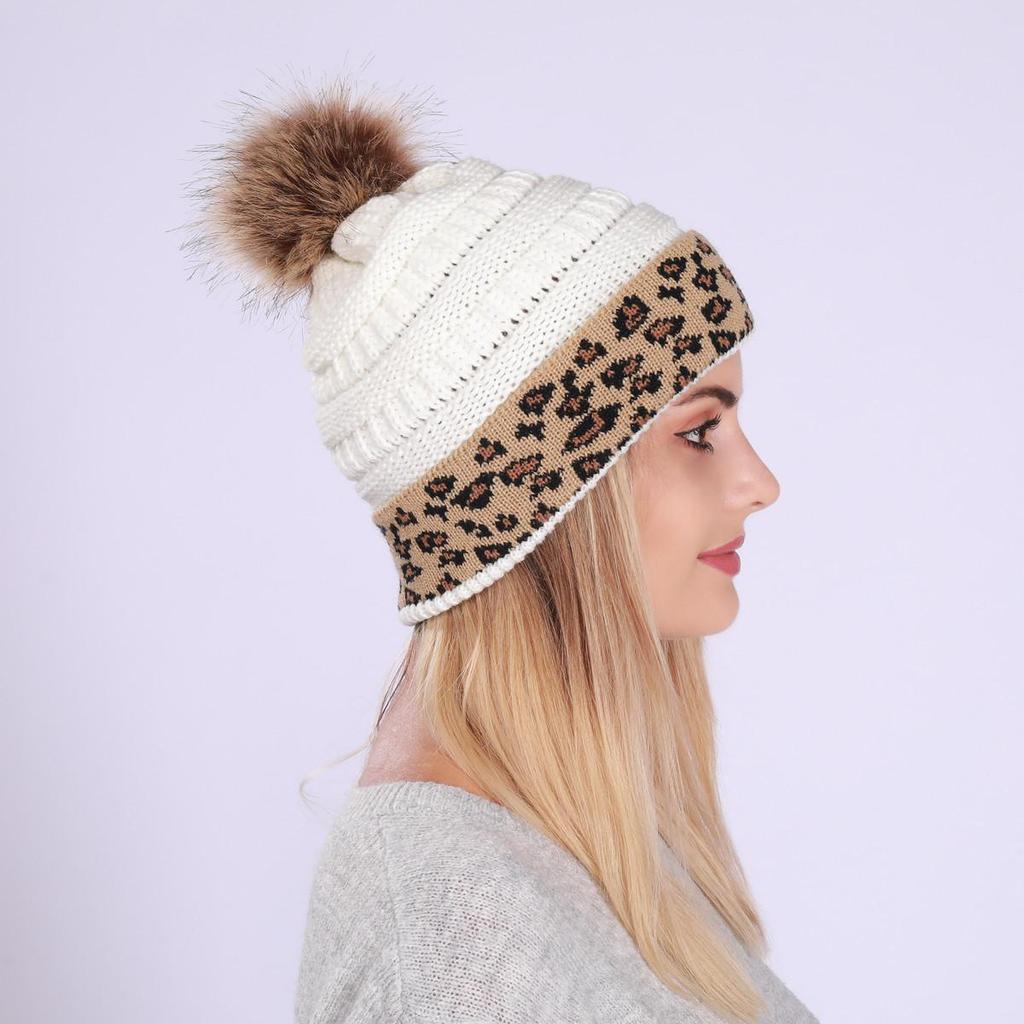 Осенне-зимняя женская утепленная вязаная шерстяная шапка с леопардовым ворсом