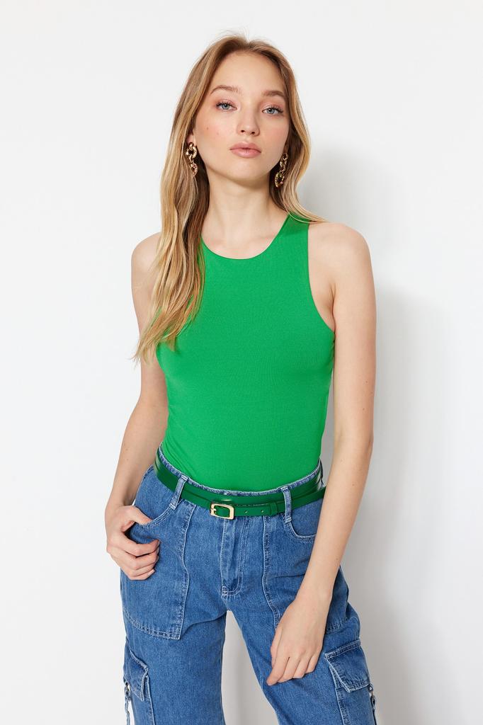 Women's Fashion New Bodysuit Green Halter Neck Fitted Flexible Snap Fastener Knitted Bodysuit