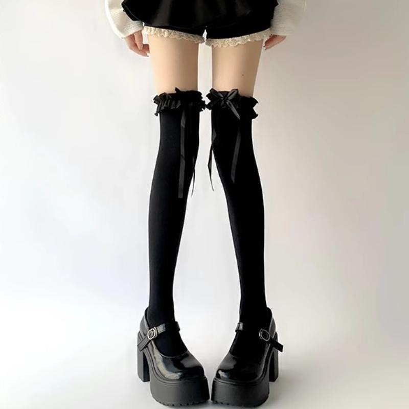 White Thin Sheer Ruffle-edge Lace Long Socks Women JK Girl Sweet Thigh High Stockings Lolita Nylon OverKnee Cute Bowknot Hosiery