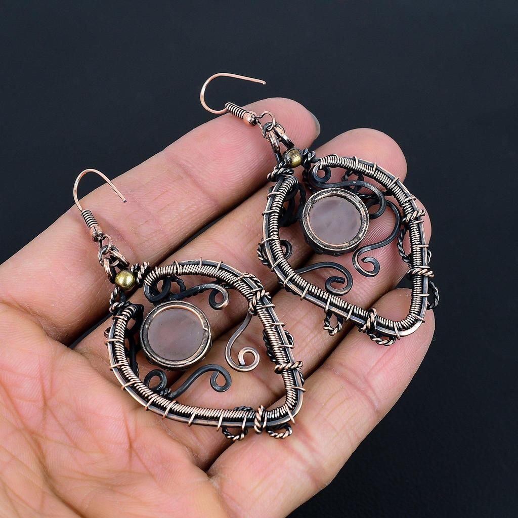 Серьги из розового кварца, обернутые медной проволокой 999 пробы, Ювелирные изделия из драгоценных камней ручной работы, Подарки для жены Совершенно новые серьги