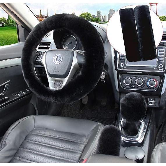 Pinbola 5Pcs In 1 Set Faux Wool Steering Wheel Cover Soft Fluffy Handbrake Cover & Gear Shift Cover & 2Pcs Seat Belt Shoulder Pads Warm Universal Fit
