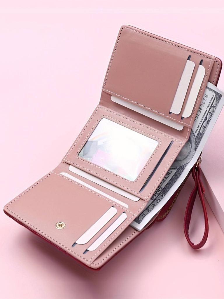 Women Wallet PU Leather Embroidered Love Tri-fold Card Holder Multi-card Slot Coin Purses