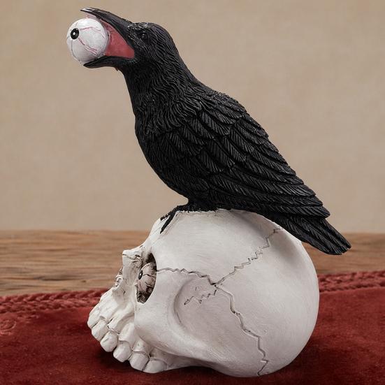 yangyizhi Raven on Skull Halloween Home Decor, Gothic Crow Statue, Bird Perching Skeleton Figurine, Macabre Ossuary Sculpture