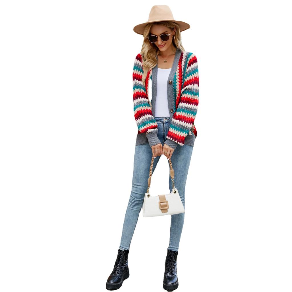 Autumn and Winter Striped New Loose Women's Knitwear Women's Single-breasted Cardigan Sweater Women