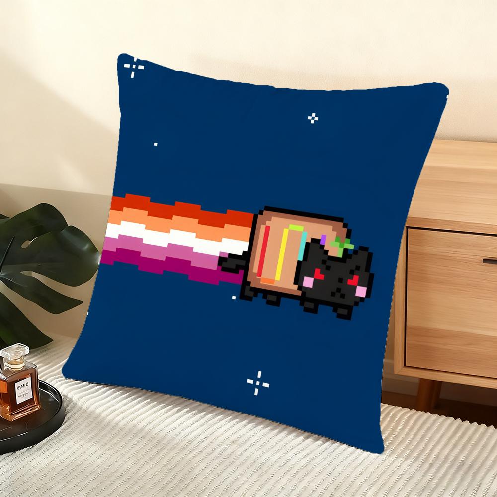 Cartoon Game N-Nyan-C-Cat Cushion Cover Soft Short Plush Pillow Cover Smooth Cozy Texture Aesthetic Cushion Case Home Decor