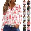 Женская модная повседневная футболка с длинным рукавом и V-образным вырезом на рождественском принте на пуговицах