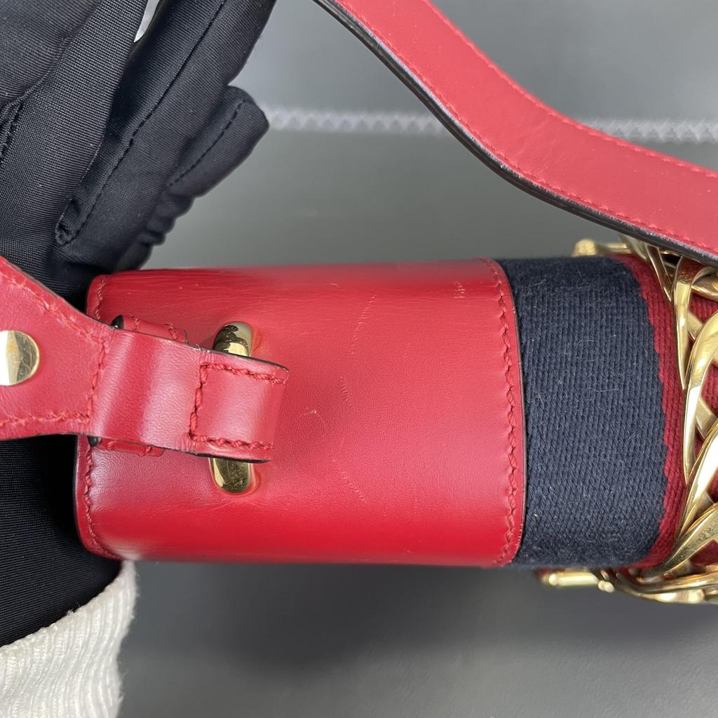 [Pre-Owned] Sylvie Gold Buckle Striped Web Ribbon Bow Wide Shoulder Strap Leather Shoulder Crossbody Handbag Small - Very Good #Z20RZ2