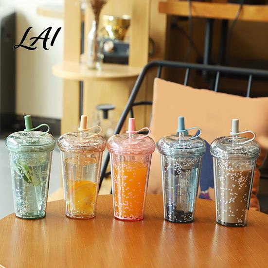 Sealed Lid Tumbler for Women Transparent Straw Cup with Sequins Decor And Leak Proof Large Capacity Iced Coffee Mug Lid Reusable Plastic Sippy