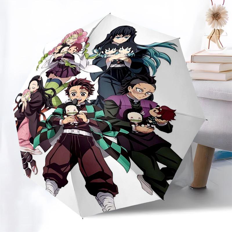 1pc Automatically Opening Umbrella with Tanjiro, Nezuko, Zenitsu, Kyojuro, Rengoku, Shinobu, Giyuu & Shinobu Characters, Portable 3-Fold Design, 8-Bon