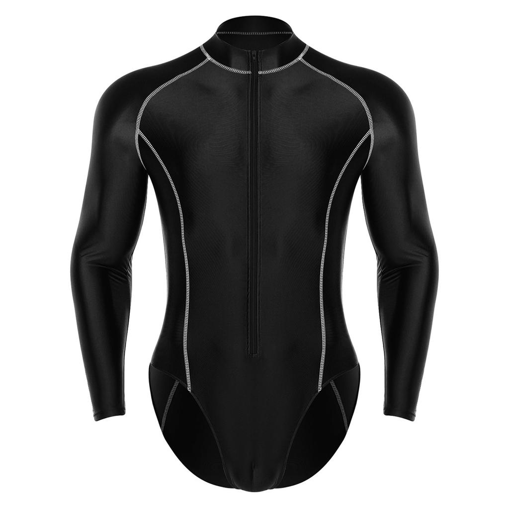 Мужской блестящий боди с воротником-стойкой, длинным рукавом, передней молнией, леотард, комбинезон, защита от солнца, пляжный, для серфинга, купальник