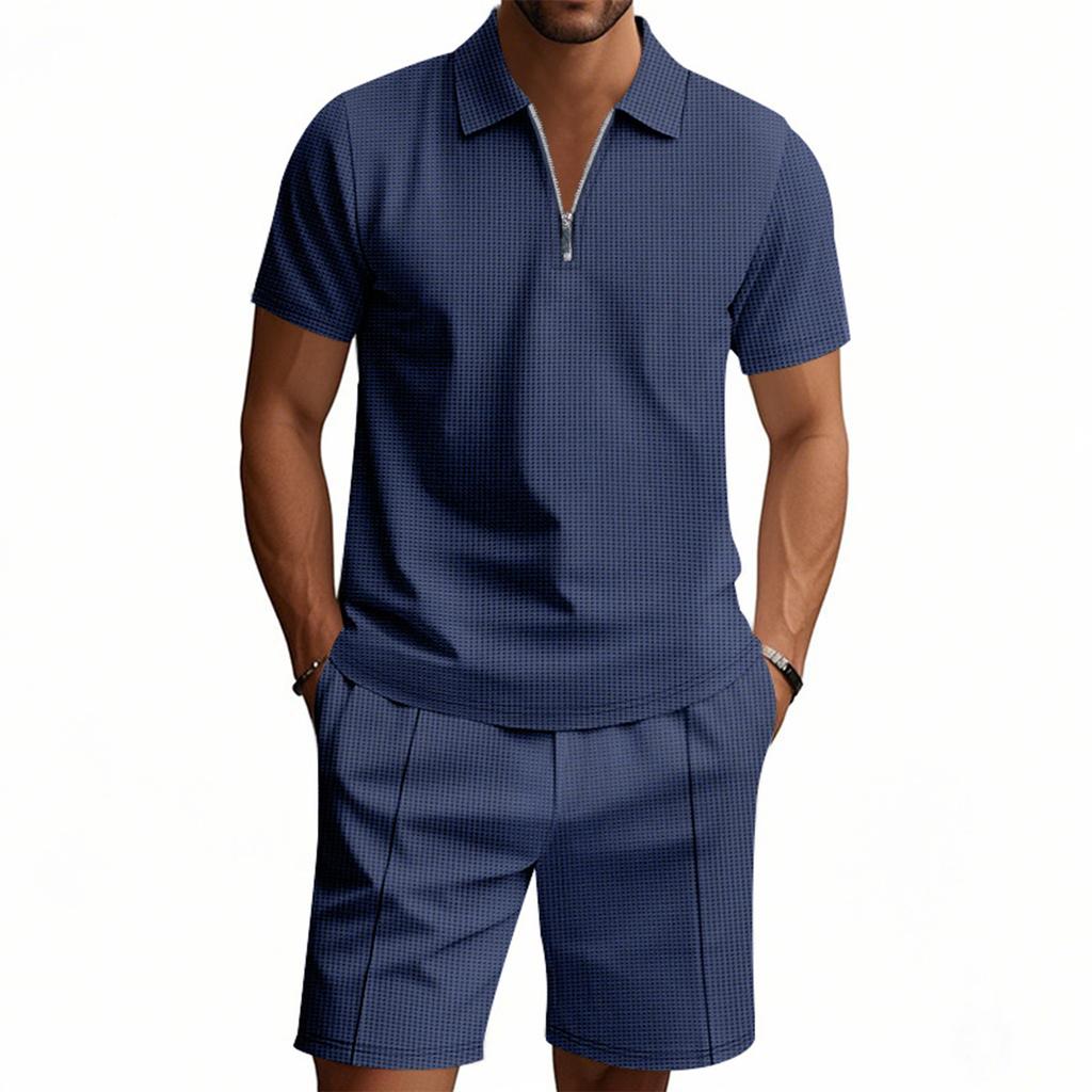 Men'S Solid Color Casual Collar Short Sleeved Shorts Two-Piece Set