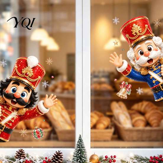 Seasonal Home Window Decor Christmas Static Clings, Removable Glass Decals, Snowman Santa Reindeer Nutcracker Office Store Displays with Snowflakes,