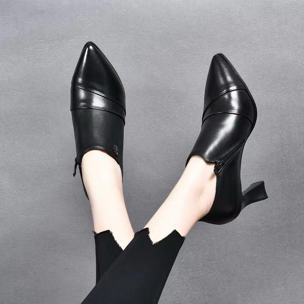 High Heels Women's 2025 Autumn New Black Cowhide Pointed Thin High Heel Deep Mouth Single Shoes Women's Professional Four Seasons Leather Shoes