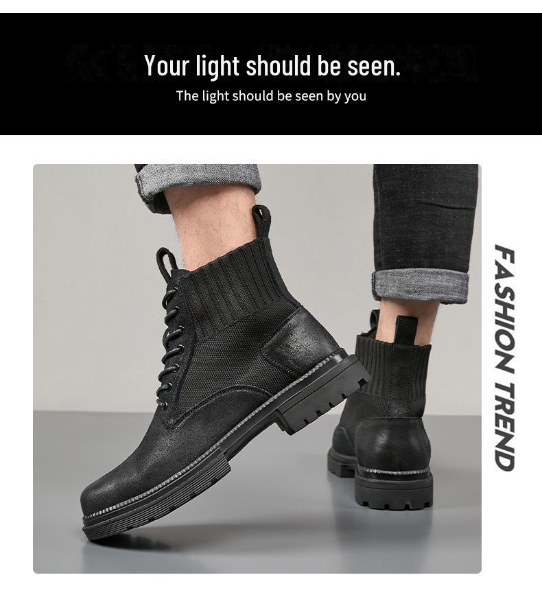 Men's Trendy British-Style Genuine Leather Lace-Up Martin Boots, Thick Sole, High Top, Elastic Design, Suitable for Outdoor Hiking.