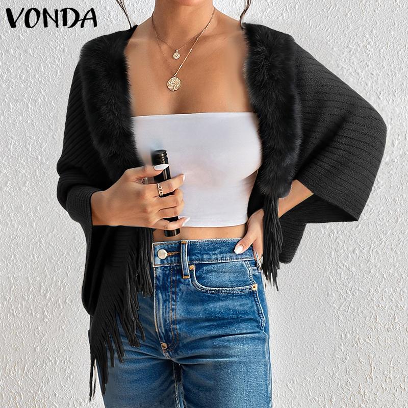 VONDA Women Long Sleeve Fluffy Tassel Splicing Open Front Casual Knitted Sweaters Cardigans