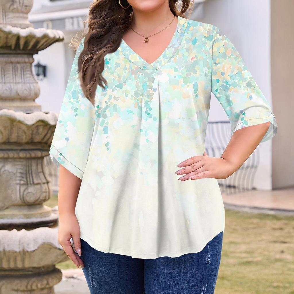Women's Fashion Large Size Printed V-Neck Three-quarter Sleeve Top