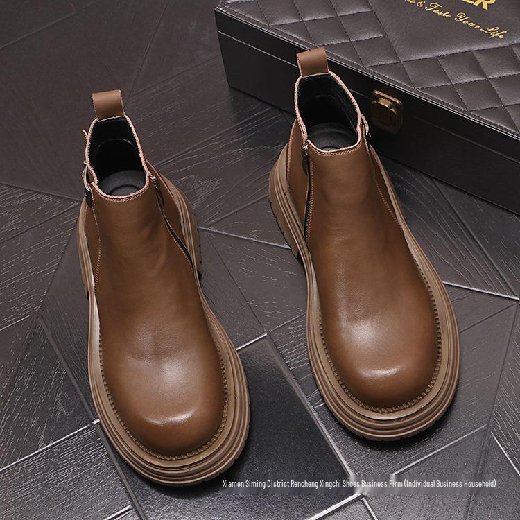 Men's Chelsea Leather Slip-On Boots - High-Top, British Style, with Inner Height Increase and Martin Boot Warmth.