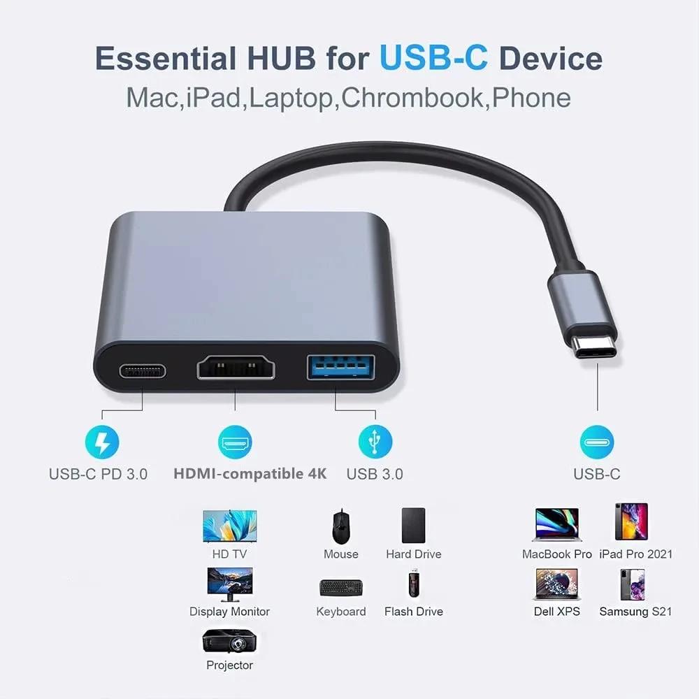 3-в-1 USB-C концентратор 100 Вт Power Delivery USB 3.0 HDMI-совместимый 4K для MacBook Surface Chrome Steam Deck Стабильный USB 3.0 USB-хаб Адаптер