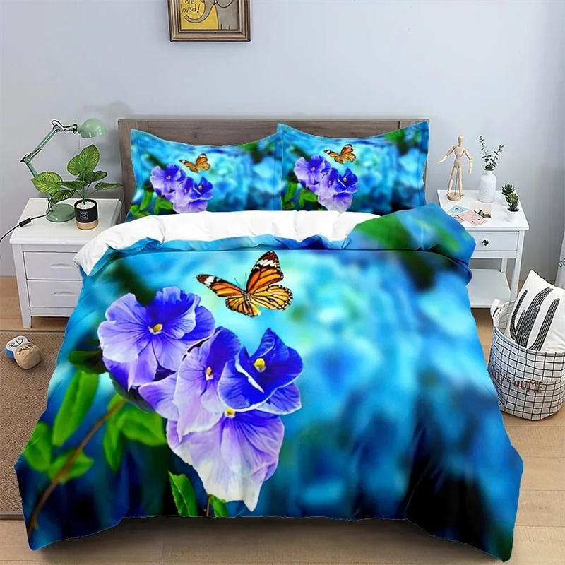 3 Pieces Watercolor Butterflies Duvet Cover Set Blue Butterfly Bed Set White Bedding Kids Girls Quilt Cover Queen Dropship