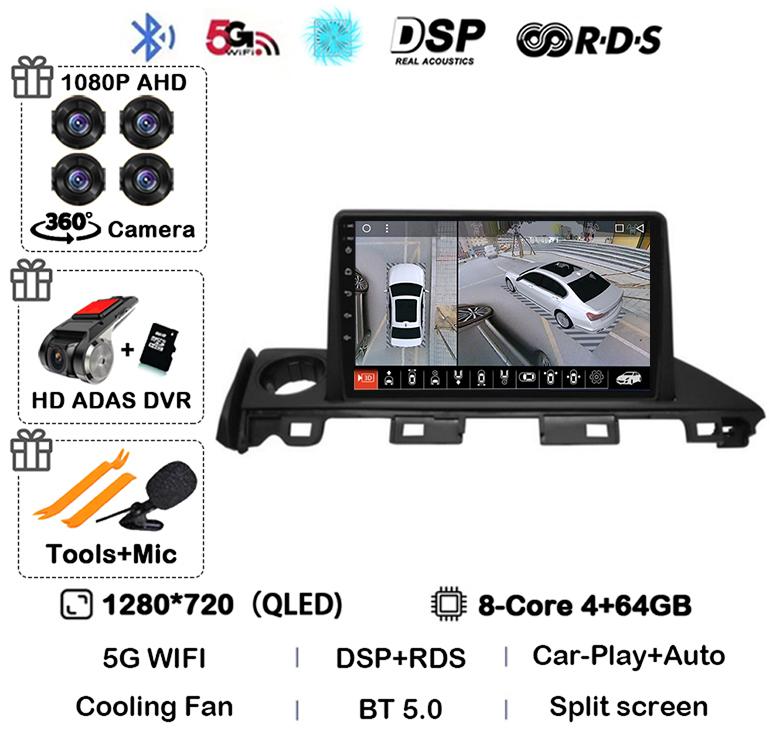 Android 14 Carplay Автомагнитола для Mazda 6 Atenza 3 2016 2017 2018 GPS 4G+WIFI Видеоплеер Мультимедиа Стерео Головное Устройство QLED