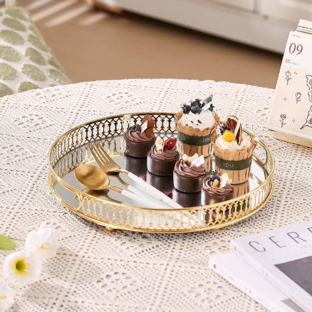 Rectangle Mirror Storage Tray Round Makeup Snack Tray Metal Jewelry Tray Bedroom Living Room