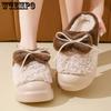 Soft Plush Women's Autumn Winter Bow Slippers Couple Thick Heel Non-slip Indoor Warm Cotton Slippers
