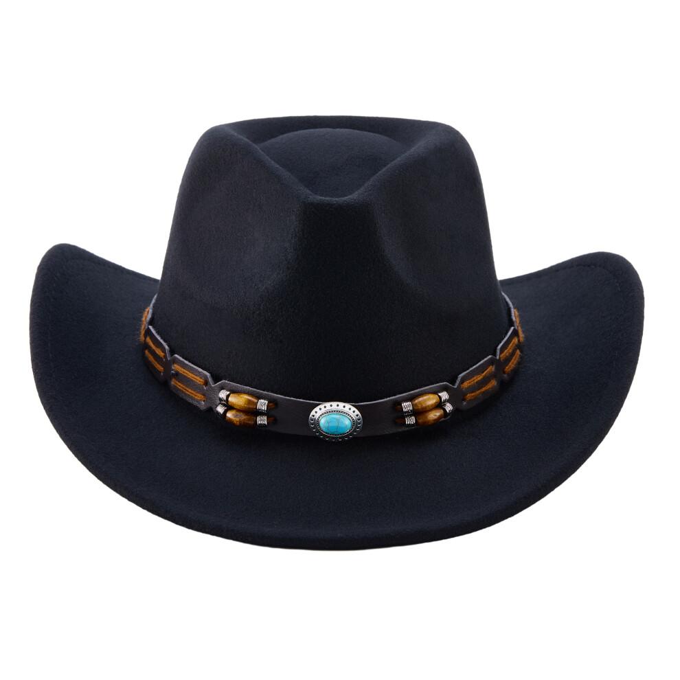 (One Size, Black) Western Cowboy Hat for Women Men Bohemian Cowgirl Hat with Beads Trim Outdoor Sun Hat