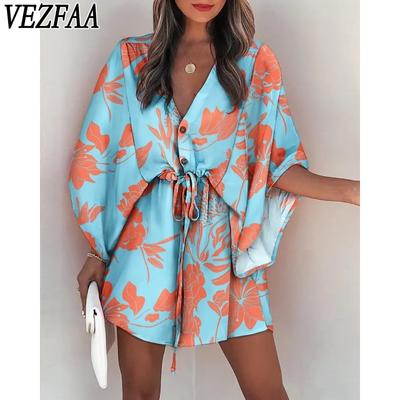 Женская мода лето весна с коротким рукавом V-образным вырезом с высокой талией повседневные платья