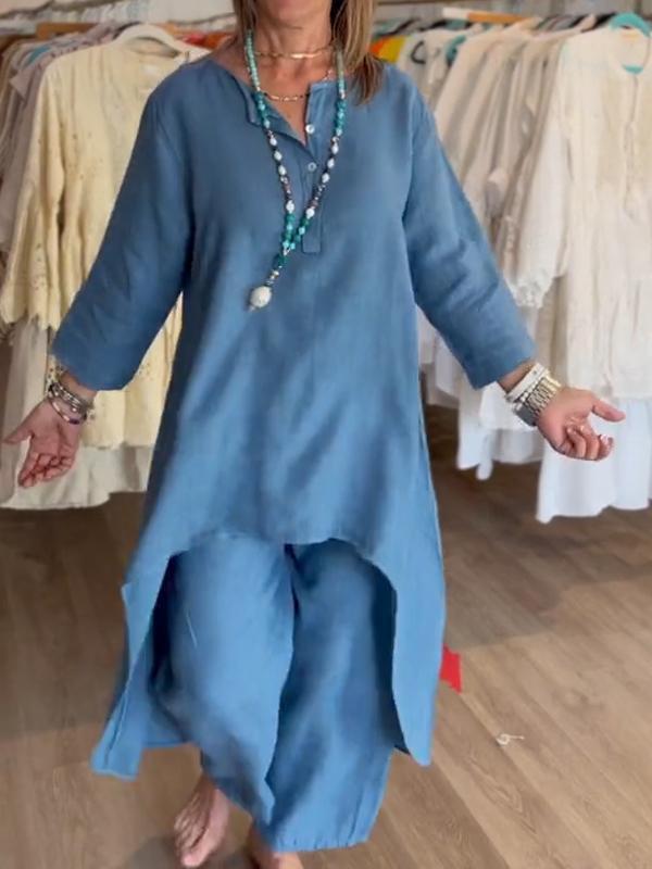 Женский однотонный повседневный летний комплект из хлопка и льна с длинными рукавами