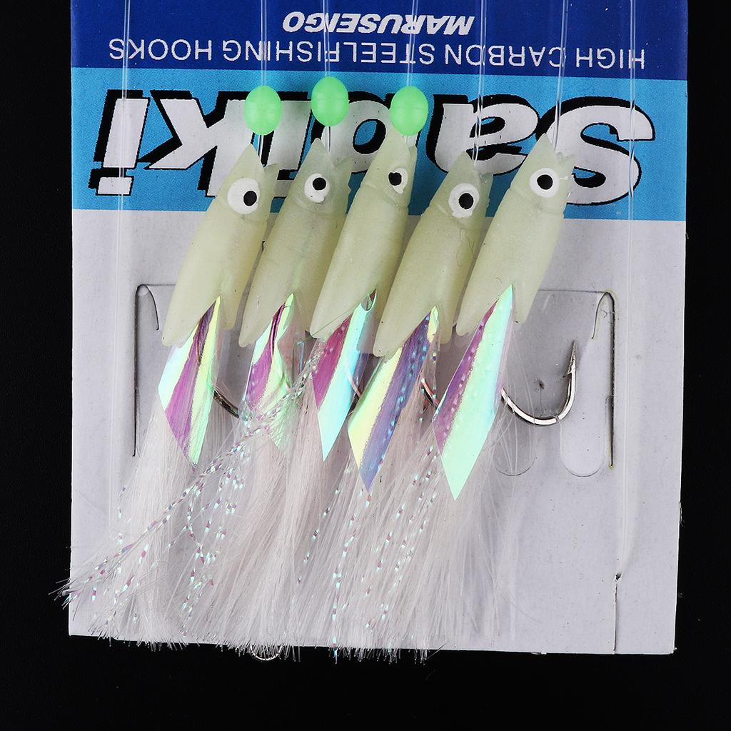 5 In 1 Luminous Sabiki Soft Fishing Lure Hook 1/0# 1# 2# 3# 4# Fishing String Hook During Dark Night