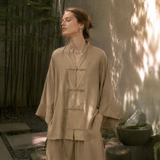 Handmade Button Shirt Women Stand Collar Shirt, Chinese Frog Blouse for Early Summer Casual Outfit Fall, Loose Solid Color Long Sleeve Top Spring Wear