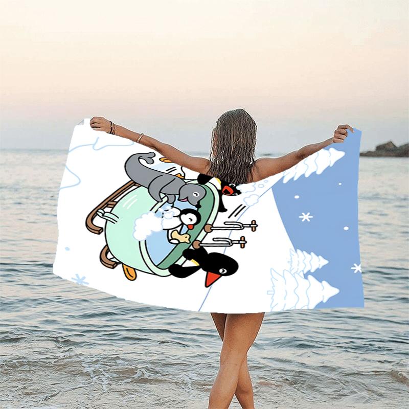 1pc Pingu3 Beach Towel, Beach and Seaside Swimming Pool Equipment, Fashion Pattern, Rectangular, Travel Essentials