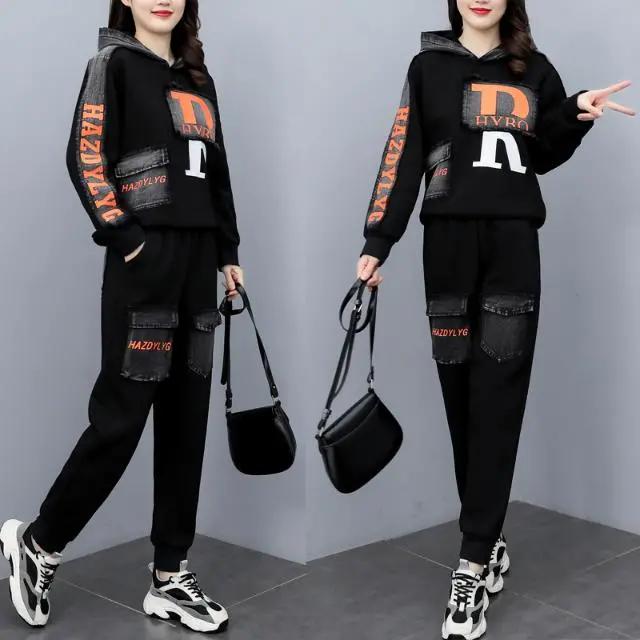 Женский осенне-зимний модный костюм большого размера из двух частей - на бархатной подкладке, свободного кроя с джинсовой пэчворк-отделкой