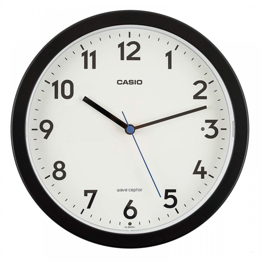 Casio IQ-860NJ-1JF Настенные часы, радиоуправляемые, черные, аналоговые, автоматическая подсветка, секундная стрелка останавливается ночью, с подсветкой, можно использовать как