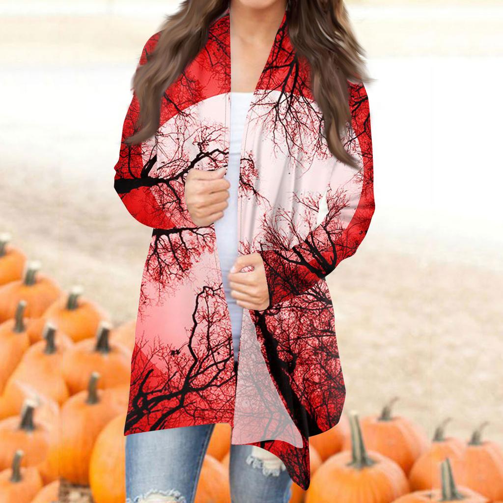 Женская модная повседневная куртка-кардиган средней длины с длинным рукавом и принтом на Хэллоуин