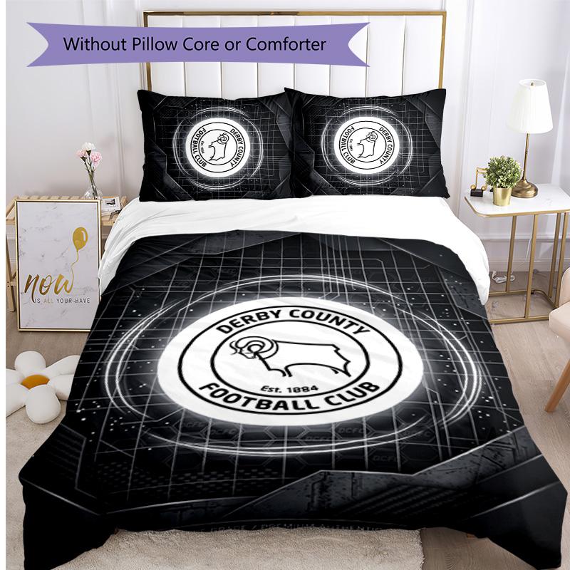 Derby County Football Printed 3 Pieces Bedding Set, Comfortable Skin Friendly Bedroom Duvet Cover Set