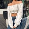 Women Y2k Chains Dark Black Gothic Zipped Tops Women Sexy Off Shoulder T-shirts Clubwear Long Sleeve Crop Tops Knit