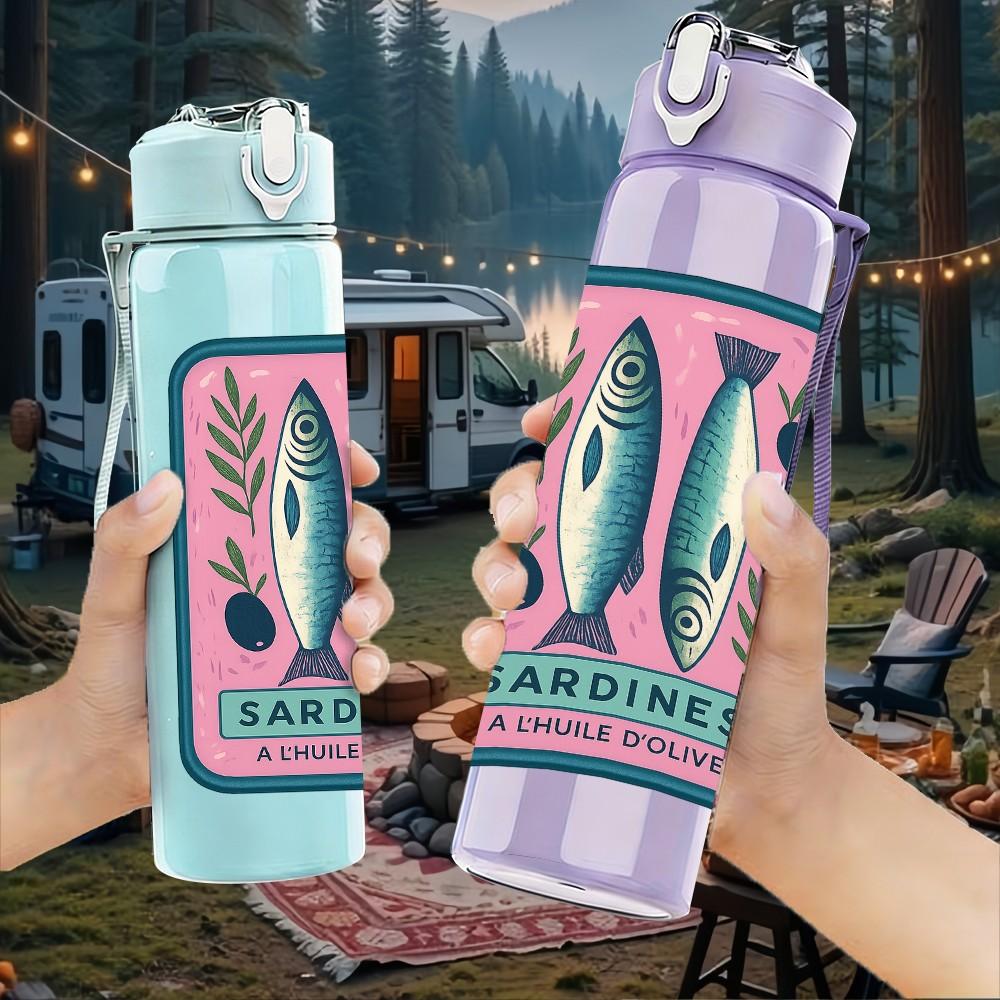 1PC Kindness Fish Badge Print 750ml Color Plastic Sports Water Bottle Leakproof Flip Straw Lid Suitable for Sports Office Home Use