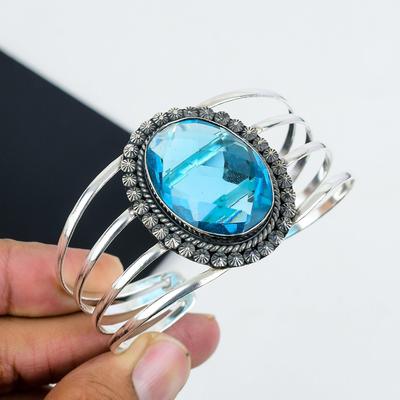Браслет-манжета Siwss Blue Topaz Gemstone Handmade из стерлингового серебра 925 пробы, браслет Siwss Blue Topaz, для жены, браслет унисекс, подарки на Пасху