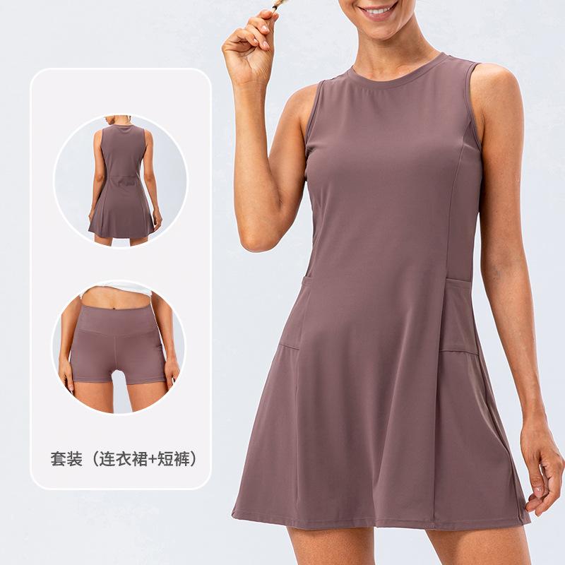 Women Tennis Dress Yoga Fitness Outfit, Naked Feel Breathable Anti-Chafing Golf Sports Skort Two Piece Set