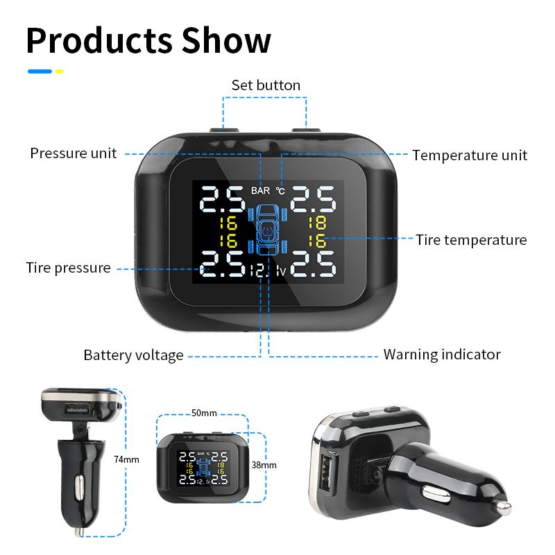 Jansite Car TPMS Cigarette Lighter Tire Pressure Monitoring System Sensors Auto Security Tpsm Sensor Adjustable Display Angle